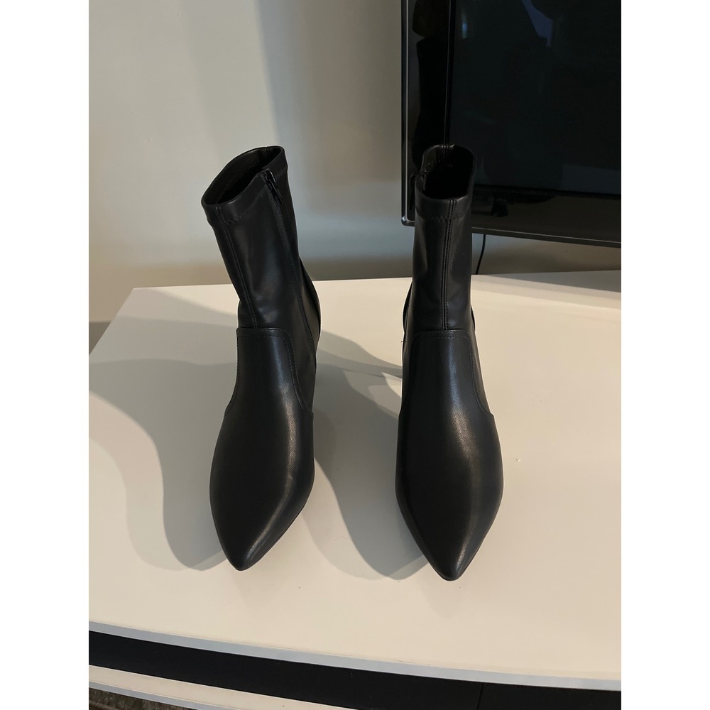 Black Pointed Toe Kitten Heel Ankle Boots Faux Leather Sock‎ Booties Zip Up